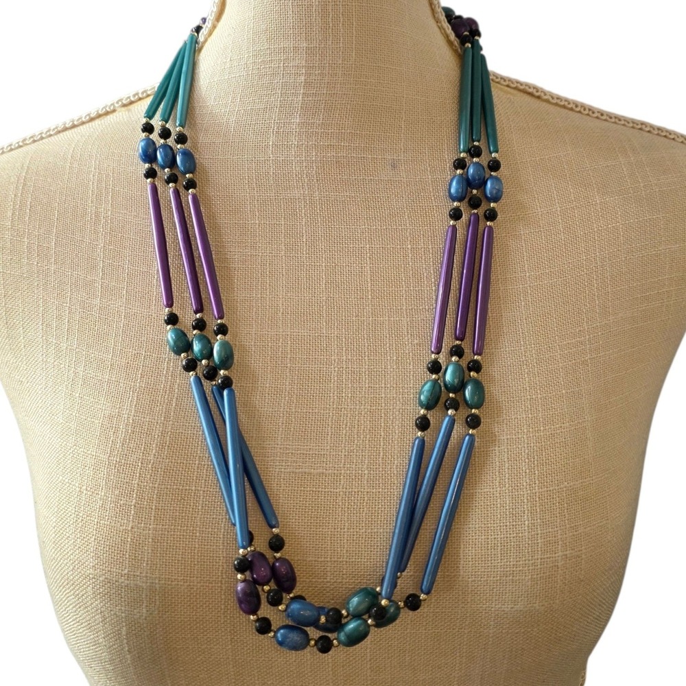 Multilayer Beaded Necklace Purple Blue‎ Teal Silver Tone Clasp Statement